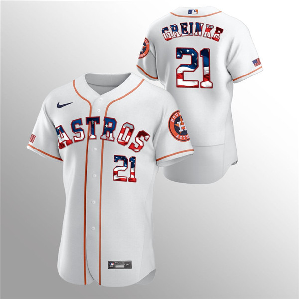 Men's Houston Astros White #21 Zack Greinke 2020 Stars & Stripes Flex Base Stitched MLB Jersey - Click Image to Close