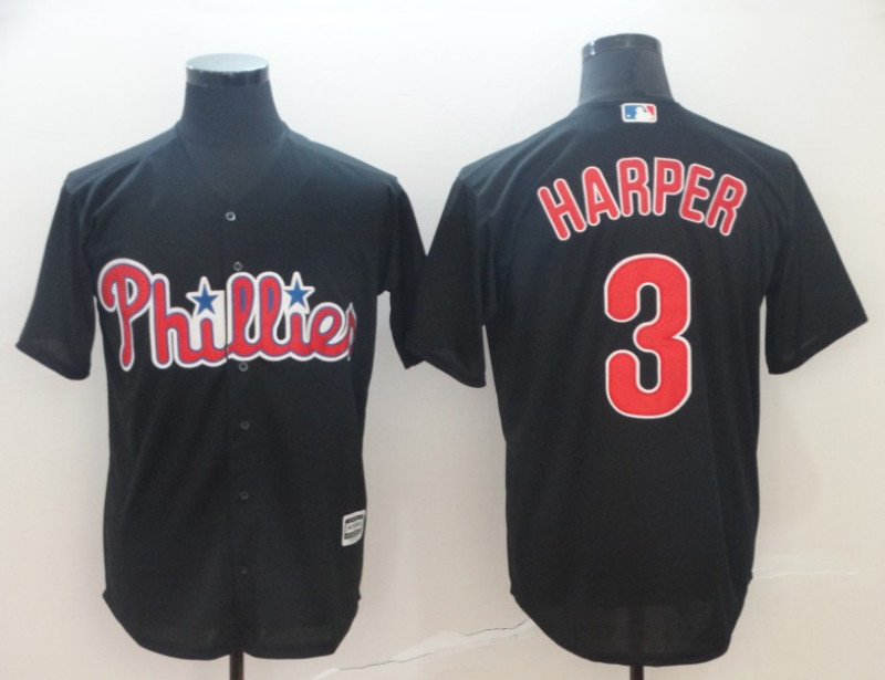 Men's Philadelphia Phillies #3 Bryce Harper Black Cool Base Stitched Jersey - Click Image to Close