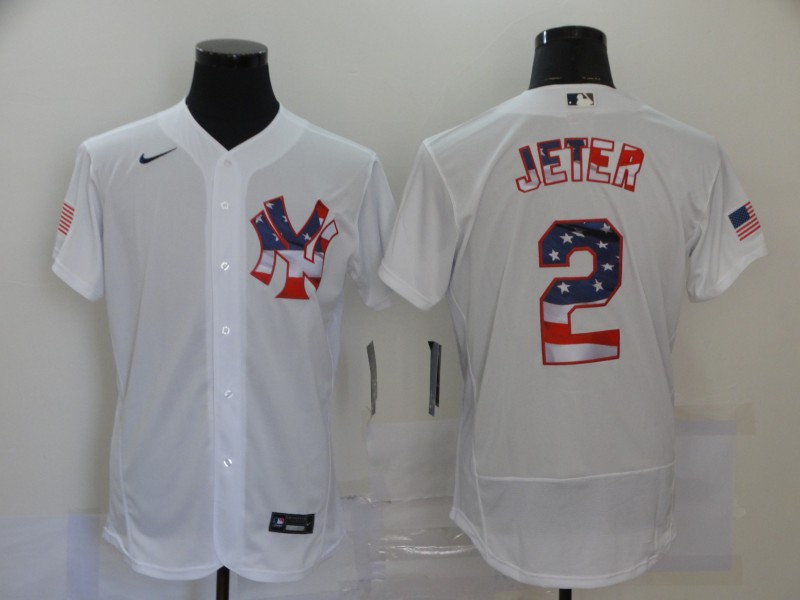 Men's New York Yankees White #2 Derek Jeter 2020 2020 Stars & Stripes Flex Base Stitched MLB Jersey - Click Image to Close