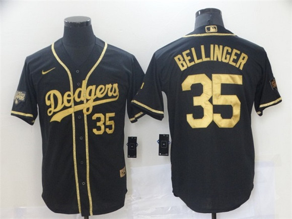 Men's Los Angeles Dodgers #35 Cody Bellinger Black Gold 2020 World Series Cool Base Stitched MLB Jersey - Click Image to Close