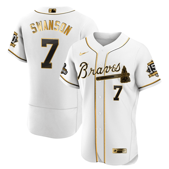 Men's Atlanta Braves #7 Dansby Swanson 2021 White Gold World Series Champions With 150th Anniversary Flex Base Stitched Jersey - Click Image to Close