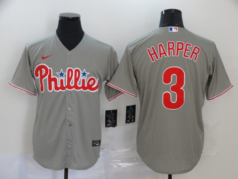 Men's Philadelphia Phillies #3 Bryce Harper 2020 Grey Cool Base Stitched MLB Jersey - Click Image to Close