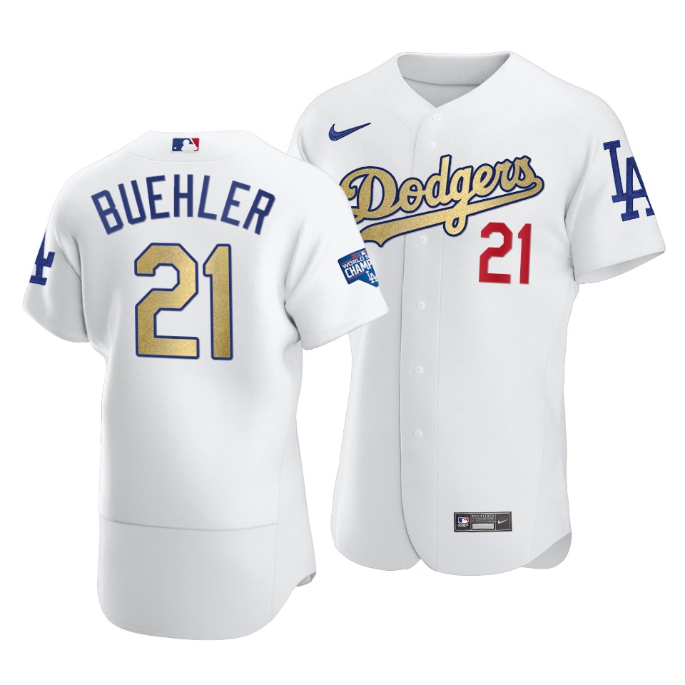 Men's Los Angeles Dodgers #21 Walker Buehler 2021 White Gold World Series Champions Patch Sttiched MLB Jersey - Click Image to Close