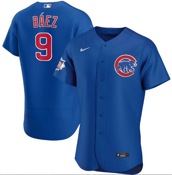 Men's Chicago Cubs Blue #9 Javier Baez Flex Base Stitched MLB Jersey - Click Image to Close