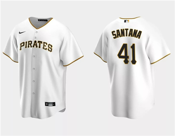 Men's Pittsburgh Pirates #41 Carlos Santana White Cool Base Stitched Baseball Jersey - Click Image to Close