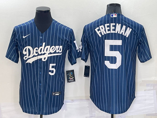 Men's Los Angeles Dodgers #5 Freddie Freeman Navy Cool Base Stitched Jersey - Click Image to Close