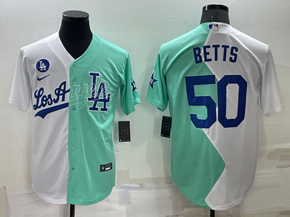 Men's Los Angeles Dodgers #50 Mookie Betts White/Green 2022 All-Star Cool Base Stitched Baseball Jersey