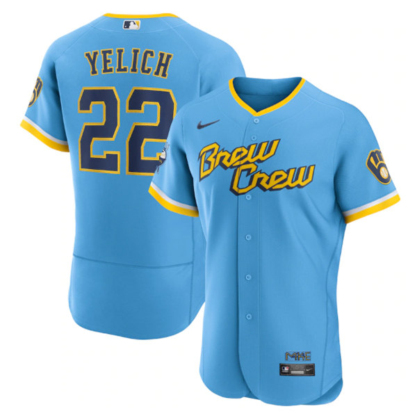 Men's Milwaukee Brewers #22 Christian Yelich Powder Blue 2022 City Connect Flex Base Stitched Jersey - Click Image to Close