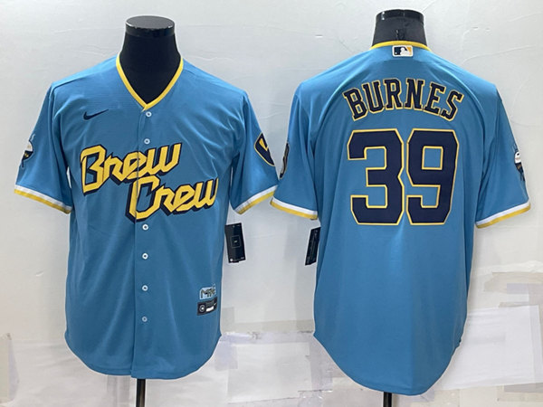 Men's Milwaukee Brewers #39 Corbin Burnes 2022 Powder Blue City Connect Cool Base Stitched Jersey - Click Image to Close