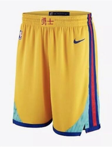 Men's Warriors Yellow Retro NBA Shorts (Run Smaller) - Click Image to Close