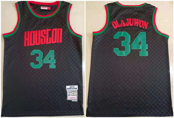 Men's Houston Rockets #34 Hakeem Olajuwon Black 1993-94 Throwback Stitched Jersey - Click Image to Close