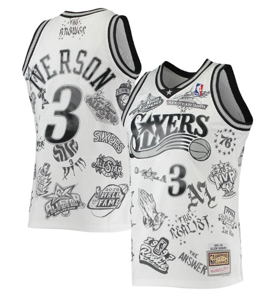 Men's Philadelphia 76ers #3 Allen Iverson Mitchell & Ness White 1997-98 Hardwood Classics Tattoo Swingman Stitched Basketball Jersey - Click Image to Close