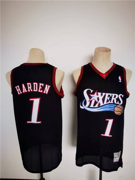 Men's Philadelphia 76ers #1 James Harden Mitchell & Ness Black Classics Stitched Basketball Jersey - Click Image to Close