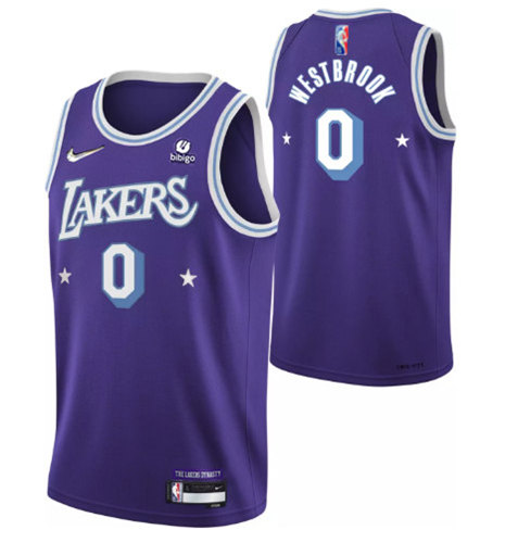 Men's Los Angeles Lakers #0 Russell Westbrook Purple 2021 City Edition 75th Anniversary Stitched Jersey - Click Image to Close