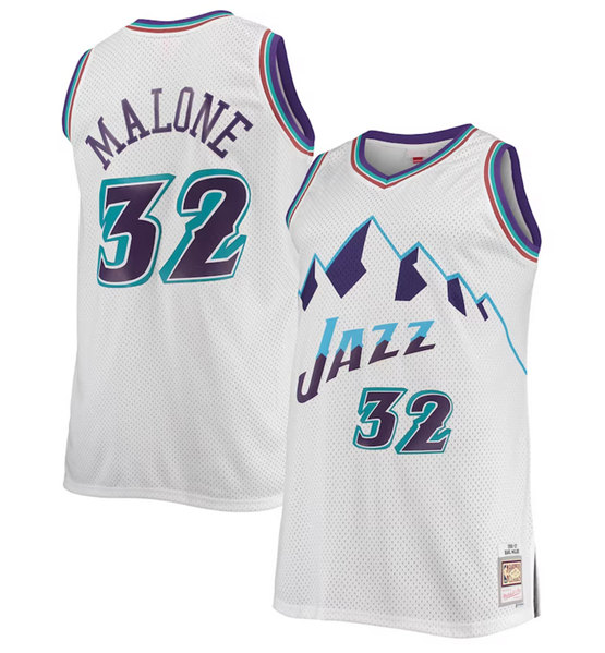 Men's Utah Jazz #32 Karl Malone White Mitchell & Ness Stitched Jersey - Click Image to Close