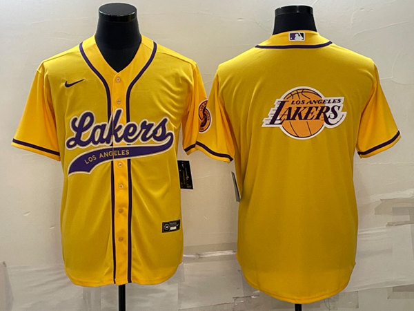 Men's Los Angeles Lakers Yellow Team Big Logo Cool Base Stitched Baseball Jersey