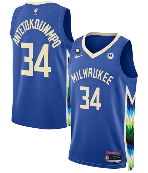 Men's Milwaukee Bucks #34 Giannis Antetokounmpo Blue 2022/23 City Edition With No.6 Patch Stitched Basketball Jersey - Click Image to Close