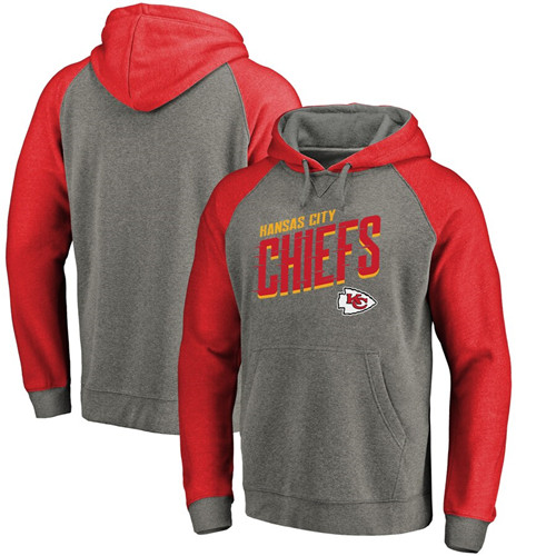 MenKansas City Chiefs NFL Heathered Gray Pro Line by Fanatics Branded Slant Strike Tri-Blend Raglan Pullover Hoodie - Click Image to Close