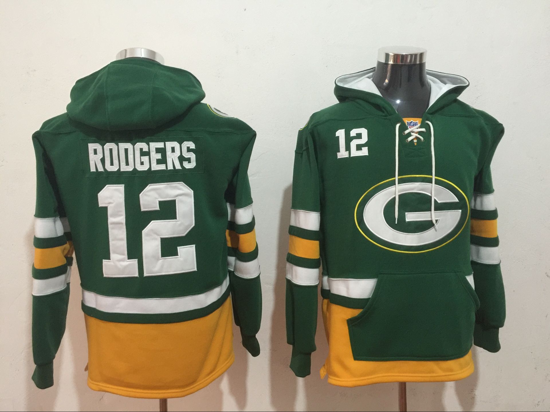 Men's Green Bay Packers #12 Aaron Rodgers Green All Stitched NFL Hoodie Sweatshirt - Click Image to Close