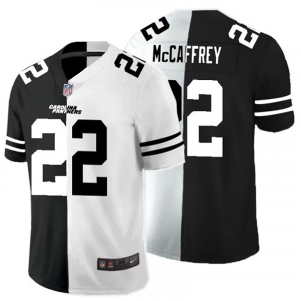 Men's Carolina Panthers #22 Christian McCaffrey Black White Split 2020 Stitched Jersey