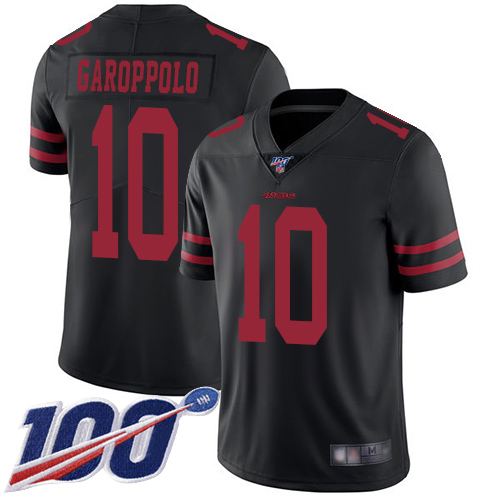 Men's San Francisco 49ers #10 Jimmy Garoppolo Black 2019 100th Season Vapor Untouchable Limited Stitched NFL Jersey - Click Image to Close