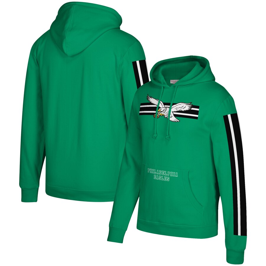 Men's Philadelphia Eagles 2019 Green Mitchell & Ness Three Stripe Pullover Hoodie - Click Image to Close