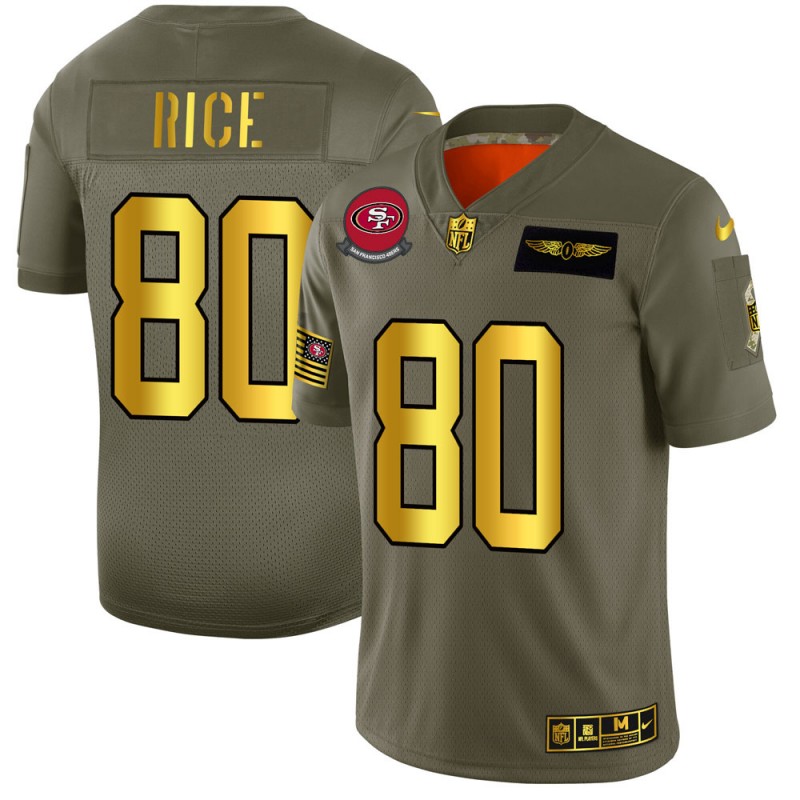 Men's San Francisco 49ers #80 Jerry Rice Olive/Gold 2019 Salute to Service Limited Stitched NFL Jersey