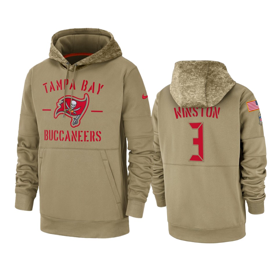 Men's Tampa Bay Buccaneers #3 Jameis Winston Tan 2019 Salute to Service Sideline Therma Pullover Hoodie