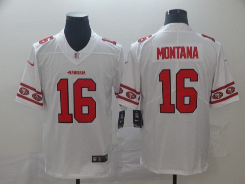 Men's San Francisco 49ers #16 Joe Montana White 2019 Team Logo Cool Edition Stitched NFL Jersey - Click Image to Close