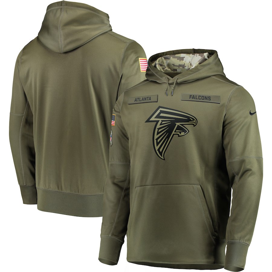 Men's Atlanta Falcons 2018 Olive Salute to Service Sideline Therma Performance Pullover Stitched NFL Hoodie - Click Image to Close