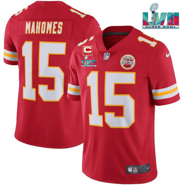 Men??s Kansas City Chiefs #15 Patrick Mahomes Red Super Bowl LVII Patch And 4-star C Patch Vapor Untouchable Limited Stitched Jersey - Click Image to Close