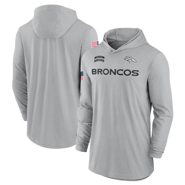 Men's Denver Broncos 2024 Gray Salute to Service Lightweight Performance Long Sleeve Hooded T-Shirt