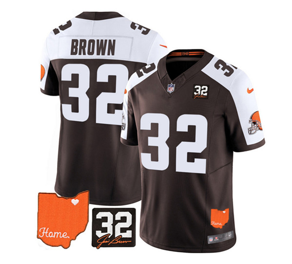 Men's Cleveland Browns #32 Jim Brown Brown/White 2023 F.U.S.E. With Jim Brown Memorial Patch Vapor Untouchable Limited Stitched Jersey - Click Image to Close