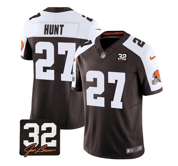 Men's Cleveland Browns #27 Kareem Hunt Brown/White 2023 F.U.S.E. With Jim Brown Memorial Patch Vapor Untouchable Limited Stitched Jersey - Click Image to Close