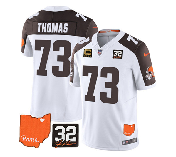 Men's Cleveland Browns #73 Joe Thomas White/Brown 2023 F.U.S.E. With Jim Brown Memorial Patch and 4-Star C Patch Vapor Untouchable Limited Stitched Jersey - Click Image to Close