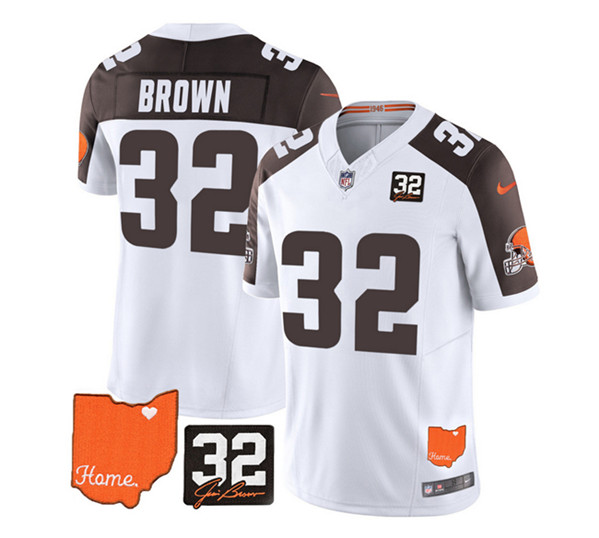 Men's Cleveland Browns #32 Jim Brown White/Brown 2023 F.U.S.E. With Jim Brown Memorial Patch Vapor Untouchable Limited Stitched Jersey - Click Image to Close