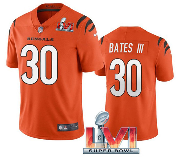 Men's Cincinnati Bengals #30 Jessie Bates III 2022 Orange Super Bowl LVI Vapor Limited Stitched Jersey