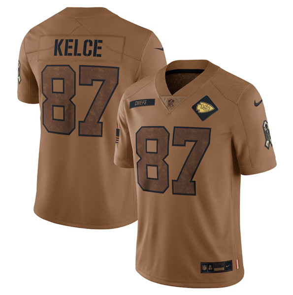 Men??s Kansas City Chiefs #87 Travis Kelce 2023 Brown Salute To Service Limited Football Stitched Jersey - Click Image to Close