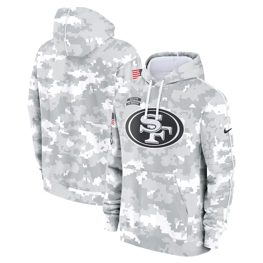 Men's San Francisco 49ers 2024 Arctic Camo Salute To Service Club Fleece Pullover Hoodie - Click Image to Close