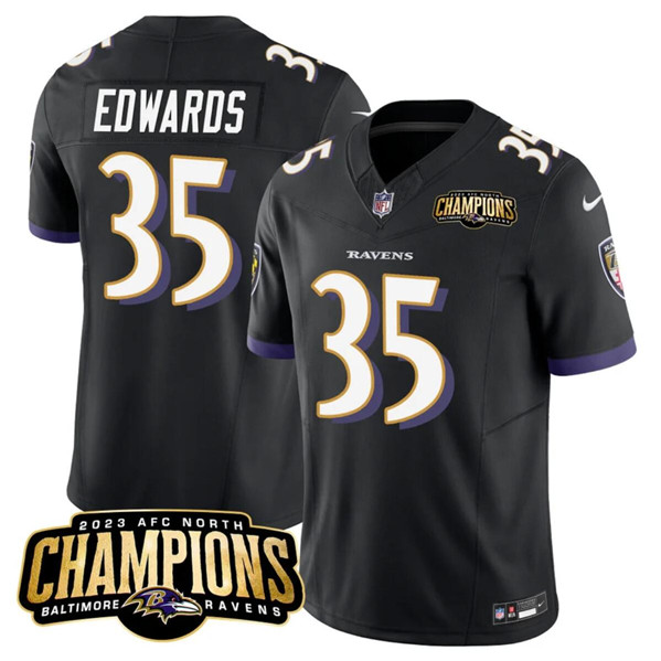 Men's Baltimore Ravens #35 Gus Edwards Black 2023 F.U.S.E. AFC North Champions Vapor Limited Football Jersey - Click Image to Close