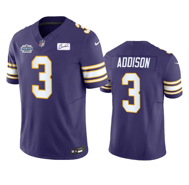 Men's Minnesota Vikings #3 Jordan Addison Purple 2023 F.U.S.E. Prem1ere Patch And Bud Grant patch Vapor Limited Stitched Jersey - Click Image to Close