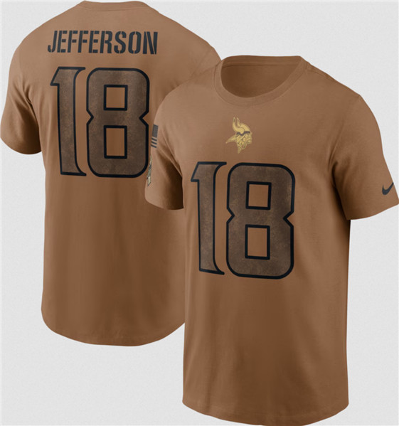 Men's Minnesota Vikings #18 Justin Jefferson 2023 Brown Salute To Service Name & Number T-Shirt - Click Image to Close