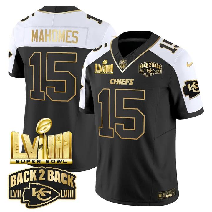 Men's Kansas City Chiefs #15 Patrick Mahomes Black/White 2024 F.U.S.E Super Bowl LVIII Patch With Back 2 Back Gold Patch Vapor Untouchable Limited Football Stitched Jersey - Click Image to Close