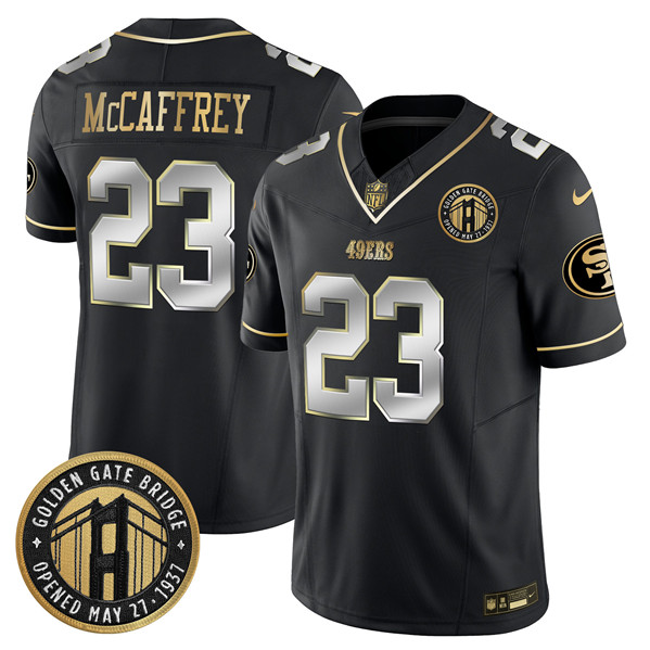 Men's San Francisco 49ers #23 Christian McCaffrey Black F.U.S.E. Golden Gate Bridge Patch Vapor Limited Football Stitched Jersey - Click Image to Close