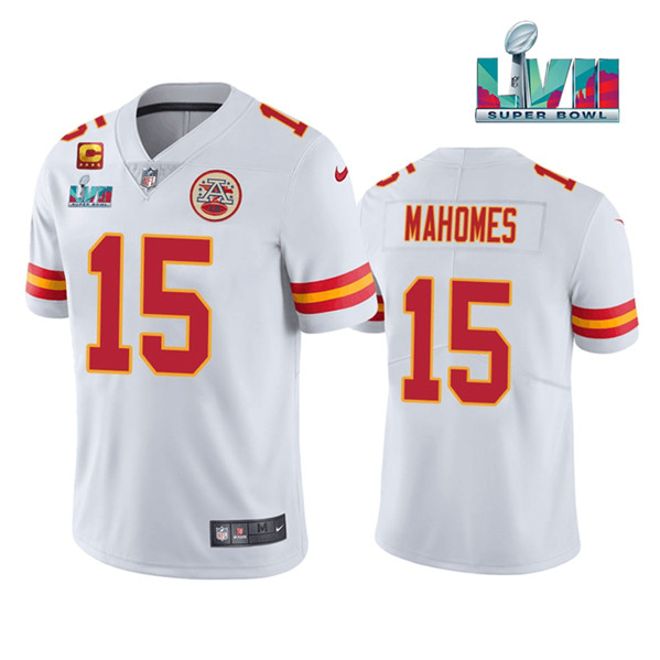 Men??s Kansas City Chiefs #15 Patrick Mahomes White Super Bowl LVII Patch And 4-star C Patch Vapor Untouchable Limited Stitched Jersey