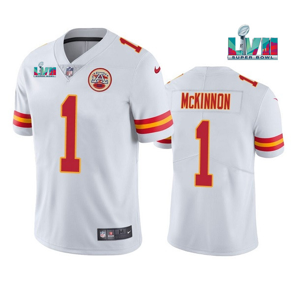 Men's Kansas City Chiefs #1 Jerick McKinnon White Super Bowl LVII Patch Vapor Untouchable Limited Stitched Jersey - Click Image to Close