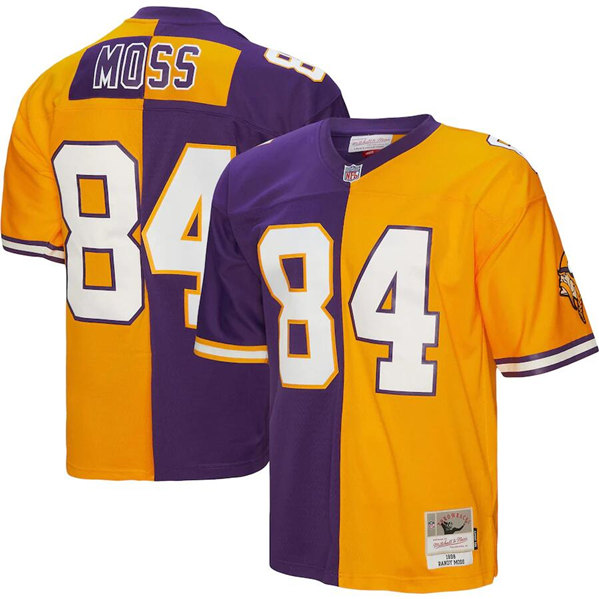 Men's Minnesota Vikings #84 Randy Moss 1998 Purple/Gold Split Mitchell & Ness Stitched Jersey - Click Image to Close