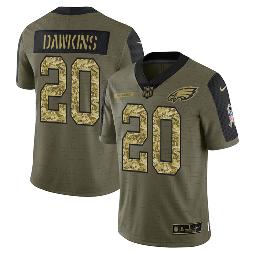 Men's Philadelphia Eagles #20 Brian Dawkins 2021 Olive Camo Salute To Service Limited Stitched Jersey - Click Image to Close