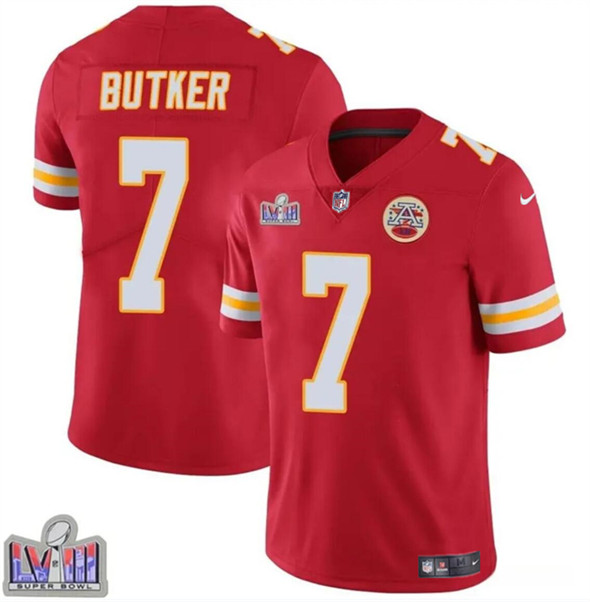 Men??s Kansas City Chiefs #7 Harrison Butker Red Super Bowl LVIII Patch Vapor Untouchable Limited Football Stitched Jersey