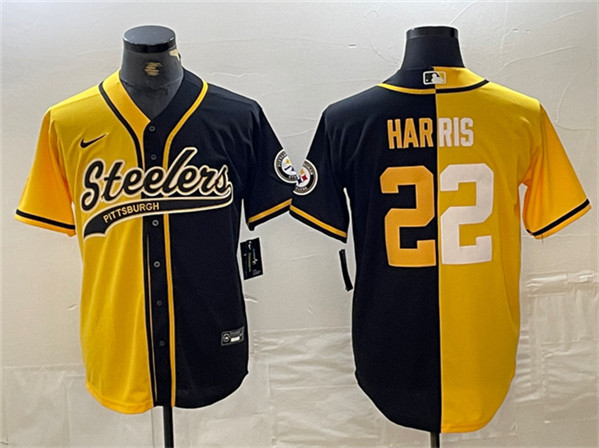 Men's Pittsburgh Steelers #22 Najee Harris Yellow/Black Split With Patch Cool Base Stitched Baseball Jersey - Click Image to Close